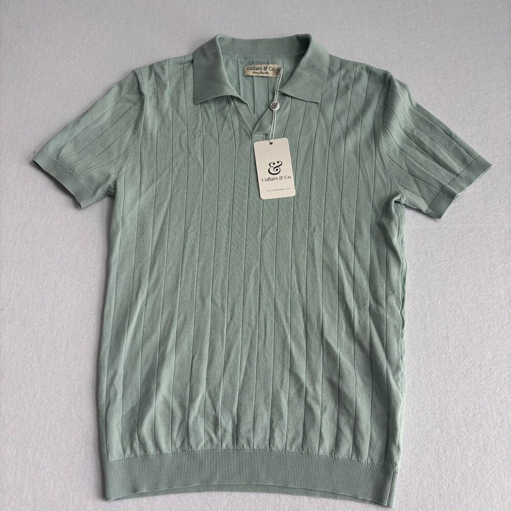 Collars & Co Maranello Polo Men S Light Green Cotton Silk Knit Ribbed Preppy NWT - Picture 1 of 6